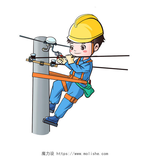 电工元素儿童插画爬电杆卡通电力工人元素
